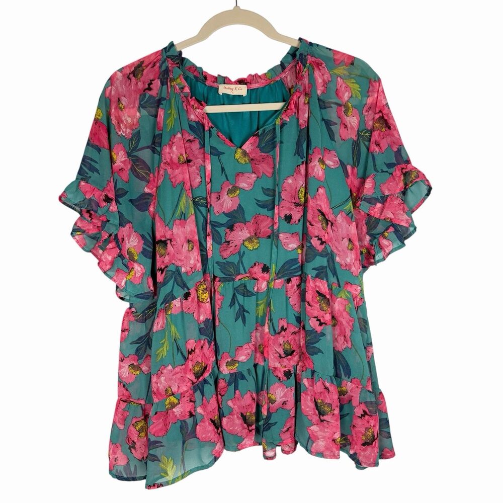 Hailey & Co Teal Pink Floral Top Short Sleeve Peasant Boho Size Large